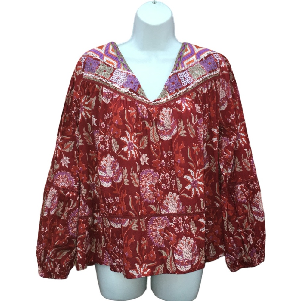 Rachel Zoe Peasant Boho Hippie Red Floral Relaxed Cotton Top - Women’s Small